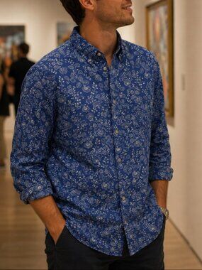 Bushwacker Vintage Mens Button Down Blue Floral Shirt 100% Cotton  Size Small